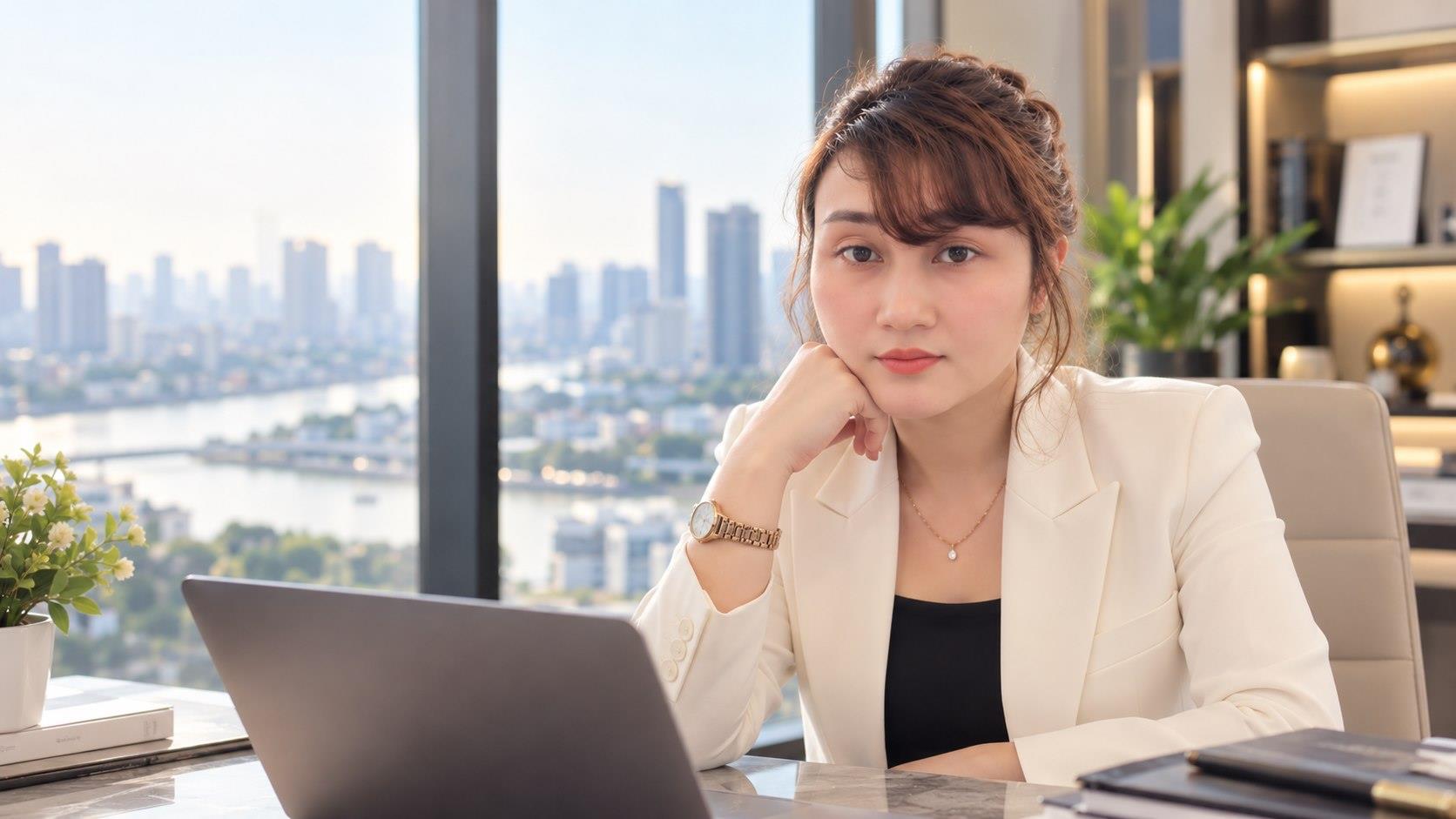 Kim Xuyến trong vest trắng, ngồi làm việc bên cửa sổ thành phố