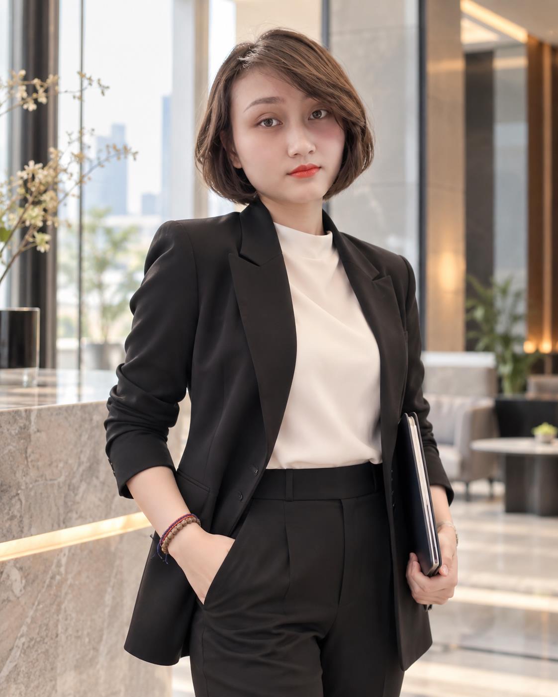 Kim Xuyến mặc vest đen, đứng cầm hồ sơ bên cửa sổ