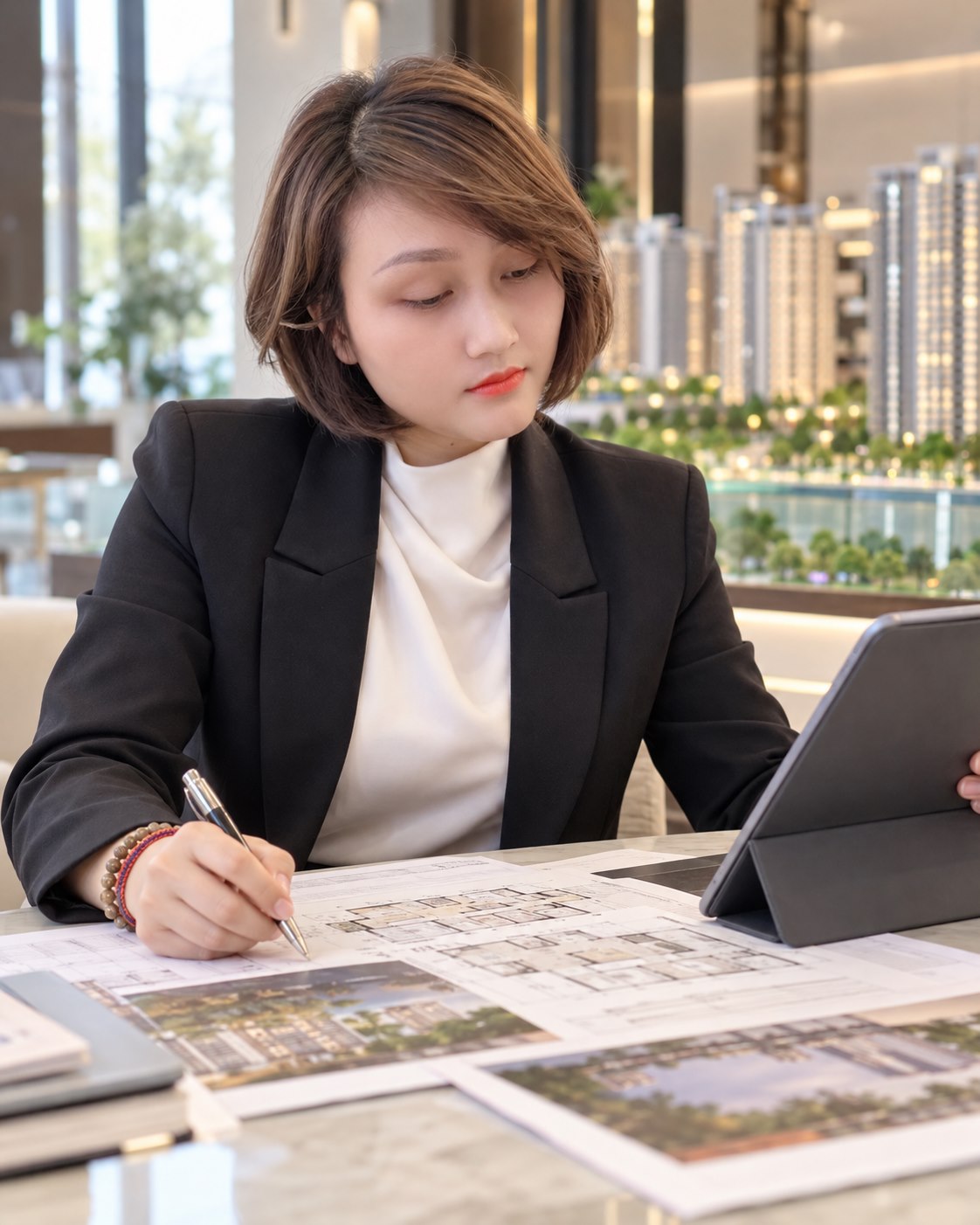 Kim Xuyến xem xét tài liệu và bản vẽ sản phẩm